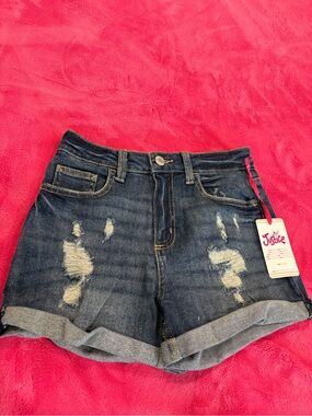 Justice Distressed Dark Wash Denim Shorts with Rolled Hem